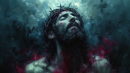 Jesus's Bloodied Face: A Painting of the Crucifixion Generative AI