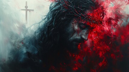 Jesus's Bloodied Face Generative AI - obrazy, fototapety, plakaty