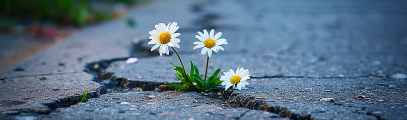 Daisies blooming in an urban concrete crevice.