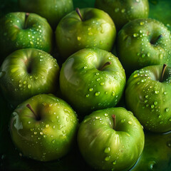 Tas de pommes vertes sur un étal de marché. - obrazy, fototapety, plakaty