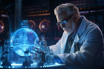 Innovative Old futuristic scientist lab. Business information. Fictional person. Generate Ai