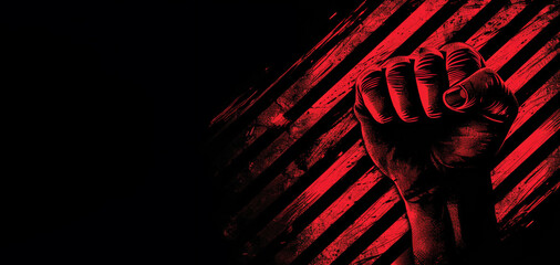 Clenched Fist Against Striped Red Background Symbolizing Revolution