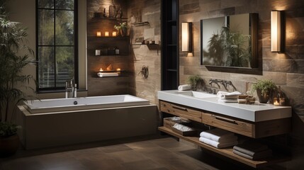Space-efficient bathroom with wall-mounted fixtures and a compact soaking tub. - obrazy, fototapety, plakaty