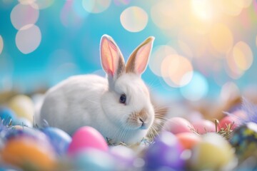 Happy Easter Eggs Basket pile. Bunny in flower easter Egg dye bath decoration Garden. Cute hare 3d Topaz easter rabbit spring illustration. Holy week ideogram card wallpaper Handmade Card