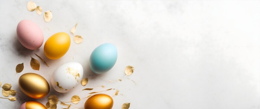 Top view of easter eggs colored with golden paint.