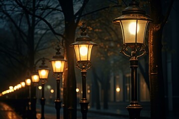 Atmospheric Lamp lightning on old street. Glowing lantern on urban historical wall avenue. Generate...