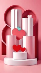 Artistic display of cylindrical pedestals with decorative hearts in a modern and elegant composition on a red background