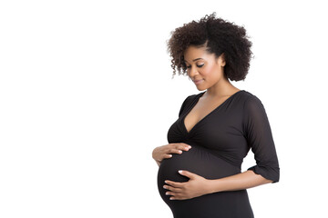Portrait of a pregnant woman holding belly and expecting baby, transparent, isolated on white background