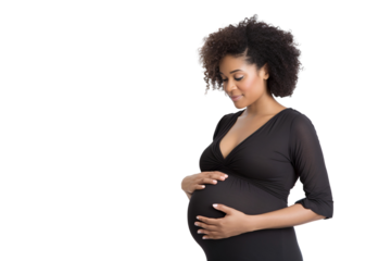 Portrait of a pregnant woman holding belly and expecting baby, transparent, isolated on white background