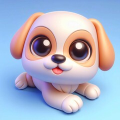 Cute baby dog 3d rendering flat logo, lovely little animal with big eyes, cartoon character