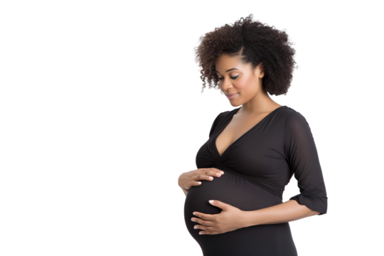 Portrait of a pregnant woman holding belly and expecting baby, transparent, isolated on white background - Powered by Adobe