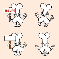 Funny cute Bone characters bundle set. Vector hand drawn doodle style traditional cartoon vintage, retro character illustration icon design. Isolated brown background. Happy Bone