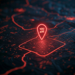 plan d'une ville en relief avec un itinéraire en surbrillance rouge avec un marqueur ou pointeur pour indiquer l'emplacement actuel avec le texte en anglais "YOU ARE" (vous êtes en français)
