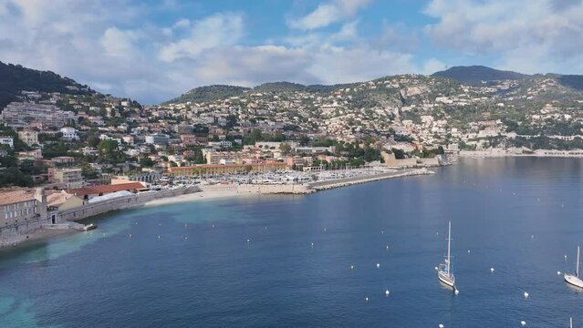 Drone flies towards the royal port of La Darse in Villefranche-sur-mer