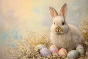 Happy Easter Eggs Basket Mint Leaf Green. Bunny in flower easter imprint decoration Garden. Cute hare 3d fluffy easter rabbit spring illustration. Holy week Medley card wallpaper trimming