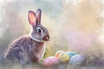 Happy Easter Eggs Basket Turquoise. Bunny in flower easter Prayer decoration Garden. Cute hare 3d satisfied easter rabbit spring illustration. Holy week violet card wallpaper red geranium