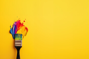 pinceau plat avec de la peinture de toutes les couleurs sur un fond jaune espace négatif pour...
