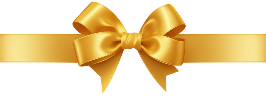 A horizontal glossy golden Bow and Ribbon on white or transparent png background. PNG. For decorating. Gift ribbon cut out for Christmas, birthday, Valentine's Day