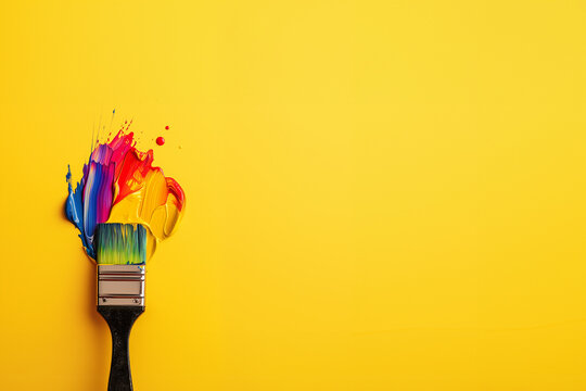 pinceau plat avec de la peinture de toutes les couleurs sur un fond jaune espace n&eacute;gatif pour texte copyspace. Fond pour peintre en b&acirc;timent, BTP tout corps de m&eacute;tier. r&eacute;novation