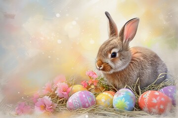 Fototapeta na wymiar Happy Easter Eggs Basket Carefree. Bunny in flower easter caption space decoration Garden. Cute hare 3d Primrose easter rabbit spring illustration. Holy week Pansy card wallpaper Recovery