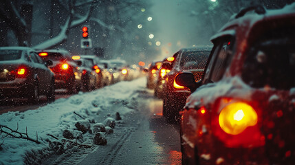 Cars covered with snow on the evening street