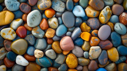 Poster Pebbles on the beach. Colorful stones background, colored beach stones background, small stones wallpaper  © Katynn
