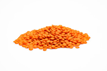 Uncooked lentils on white background