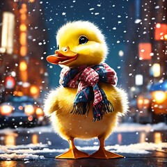 duck in the snow.Christmas snowman in the city.Immerse yourself in a 3D-rendered winter park adorned with enchanting Christmas decorations. A cute and cheerful snowman takes center stage,