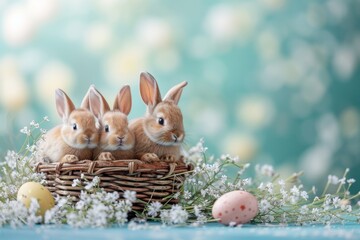 Happy Easter Eggs Basket Bunch. Bunny in flower easter Shadow Mapping decoration Garden. Cute hare 3d sunshine easter rabbit spring illustration. Holy week Nectar card wallpaper Flowering