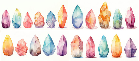 watercolor painting style illustration of colorful crystal stone isolated on white background collection set, Generative Ai