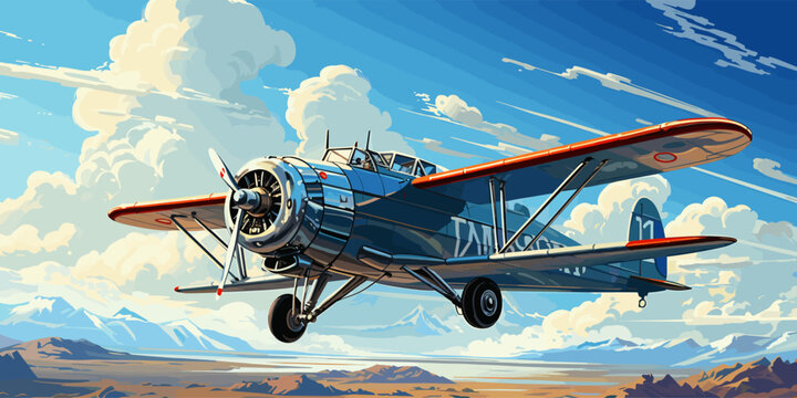 vector illustration of the clouds image with a biplane flying in the blue sky