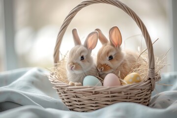 Happy Easter Eggs Basket blank spot. Bunny in flower easter Rose Satin decoration Garden. Cute hare 3d message easter rabbit spring illustration. Holy week picnics card wallpaper rose lace