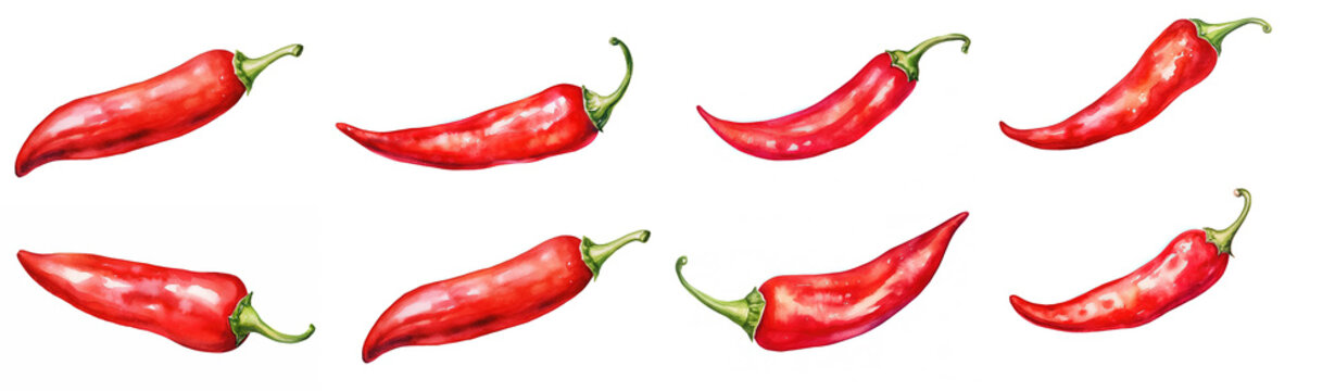 watercolor painting style illustration of red hot chili pepper isolated on white background collection set, Generative Ai