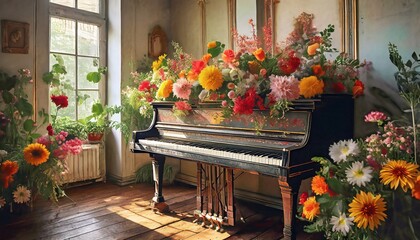 Fototapeta na wymiar piano and flowers