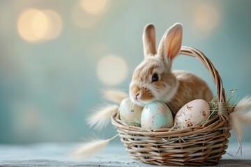 Happy Easter Eggs Basket juniper green. Bunny in flower easter grass decoration Garden. Cute hare 3d farce easter rabbit spring illustration. Holy week mixed bouquet card wallpaper snuggly