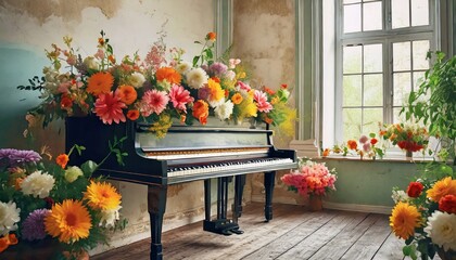 Fototapeta na wymiar piano and flowers
