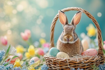 Happy Easter Eggs Basket rosy cheeks. Bunny in flower easter Bouquet decoration Garden. Cute hare 3d garnet easter rabbit spring illustration. Holy week thawing card wallpaper rejuvenation