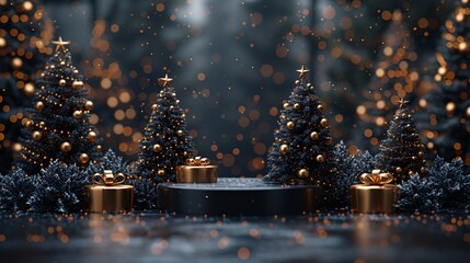 Golden Christmas Trees with Gift Boxes Generative AI