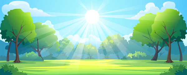 Beautiful forest clearing in the rays of the summer sun. Landscape of green grass in a glade with trees on the sides and dense forest, warm rays of the sun, bare sky, and clouds. © LoveSan