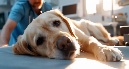 Golden labrador retriever dog visining a veterinary clinic. Golden retriever puppy in a vet cabinet	
