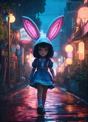 little girl in a dress.little girl with rabbit.rear view of a woman walking down a city street at night.