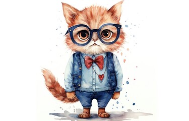 watercolor painting style illustration of cute nerd cat wearing eyeglasses isolated on white background  Generative Ai