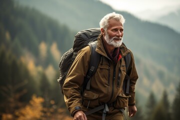 Older man hiking nature. Nature outdoor autumn adventure adult. Generate Ai