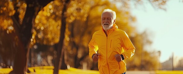 Inspiring of elderly man embracing active lifestyle jogging in park amidst vibrant colors of autumn portrait captures essence of vitality and fitness in later years health and exercise age