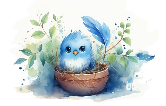 watercolor painting style illustration of blue bird in nest on tree branch isolated on white background collection set, Generative Ai