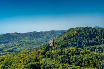 Magnificent view from Trifels Castle over the hills of the Palatinate Forest, above the southern...