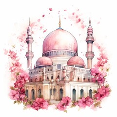 Islamic Watercolor mosque and line art Muslim mosque watercolor looking with floral and rose belly.
