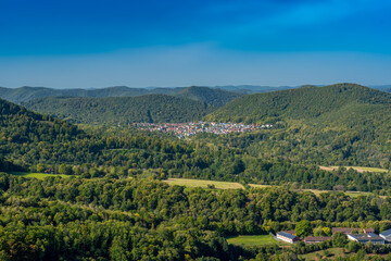 Magnificent view from Trifels Castle over the hills of the Palatinate Forest, above the southern Palatinate town Annweiler. Wasgau, Rhineland-Palatinate, Germany, Europe