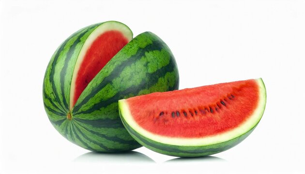 Ripe watermelon and a slice isolated on white background. Healthy food photography concept.