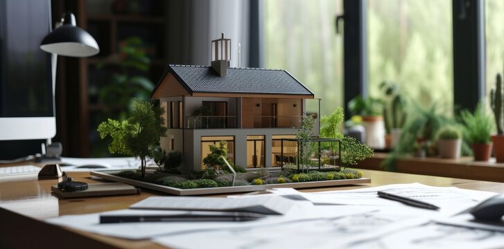 Image of new model house on architecture blueprint